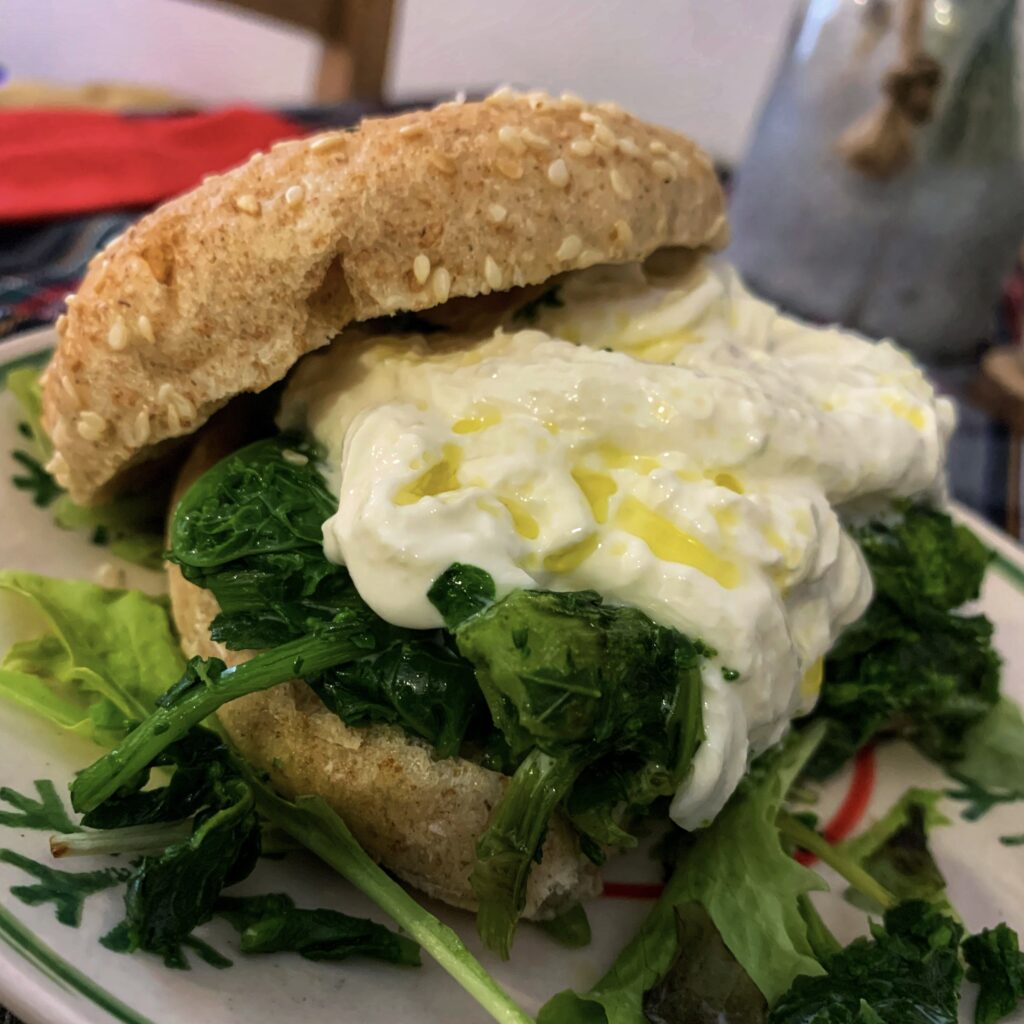 Cime di rapa with stracciatella cheese. Puglia by food. A virtual tour of Puglia’s best food, dishes, restaurants. Puglia is one of Italy’s top foodie destinations | Photo © the Puglia Guys for the Big Gay Podcast from Puglia guides to gay Puglia, Italy’s top gay summer destination for LGBT travel.