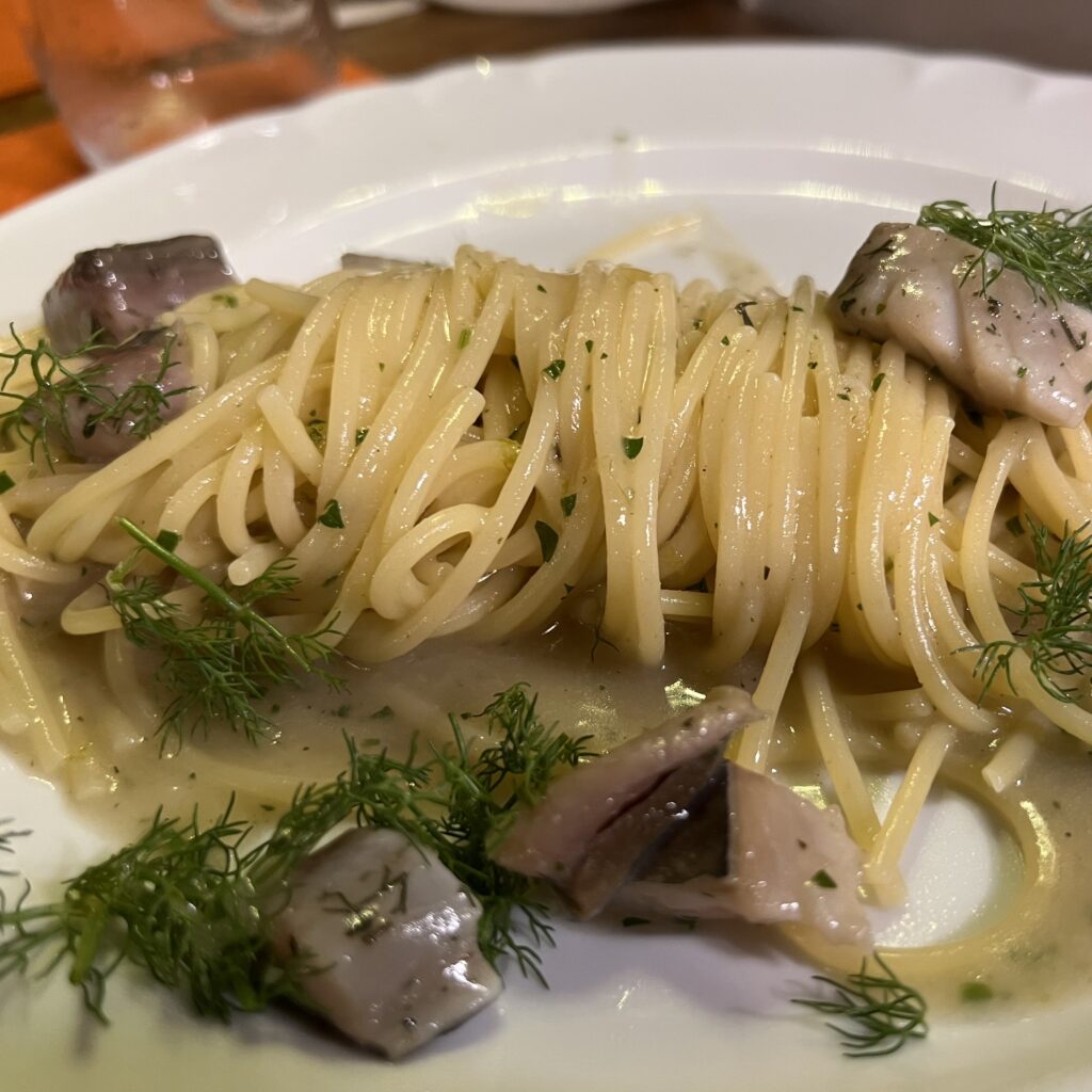 Spaghetti with blue fish, xFood, San Vito dei Normanni, Brindisi. Puglia by food. A virtual tour of Puglia’s best food, dishes, restaurants. Puglia is one of Italy’s top foodie destinations | Photo © the Puglia Guys for the Big Gay Podcast from Puglia guides to gay Puglia, Italy’s top gay summer destination for LGBT travel.