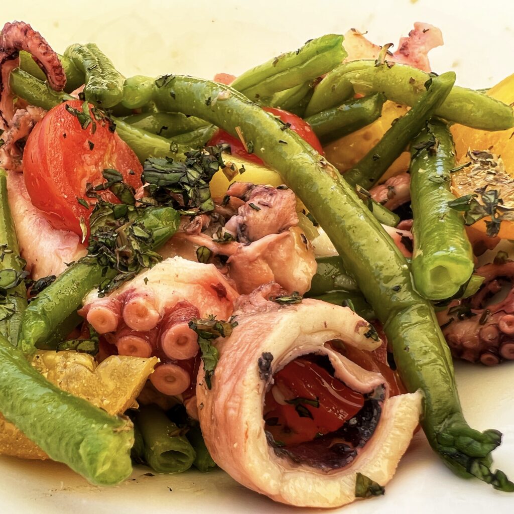 Insalata di polpo, Octopus salad, Ostuni Bistrot, Ostuni. Puglia by food. A virtual tour of Puglia’s best food, dishes, restaurants. Puglia is one of Italy’s top foodie destinations | Photo © the Puglia Guys for the Big Gay Podcast from Puglia guides to gay Puglia, Italy’s top gay summer destination for LGBT travel.