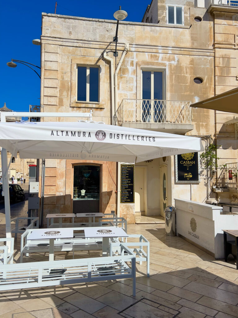 Casbah bar on Ostuni’s main square, piazza della Libertà has the most expensive Aperol Spritz on the piazza. Only 10 metres away the price is less than a third! 