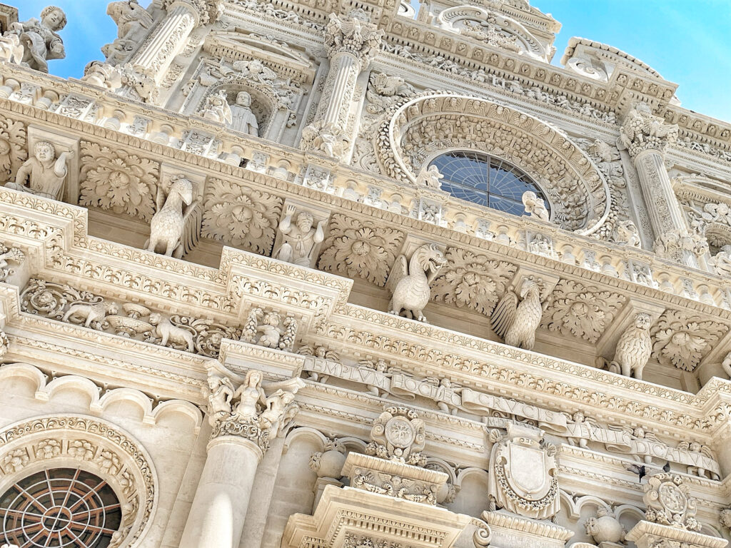 Lecce’s stunning Basilica di Santa Croce (Via Umberto I, 1) has one of the finest and most intricate Baroque facades in Italy, taking over 200 years to complete, its detail exquisite. Photo the Puglia Guys guides to Lecce, Puglia