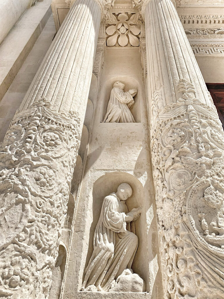 the astonishing Basilica of Santa Croce. Take your time to contemplate its facade, only recently revealed after years of restoration works. The detail - made possible by the soft Lecce limestone - is astonishing. Flowers, fruits, cherubs, mythical figures, animals and sculpted figures almost seem to form an external altar. Photo the Puglia Guys for the Lecce Guide