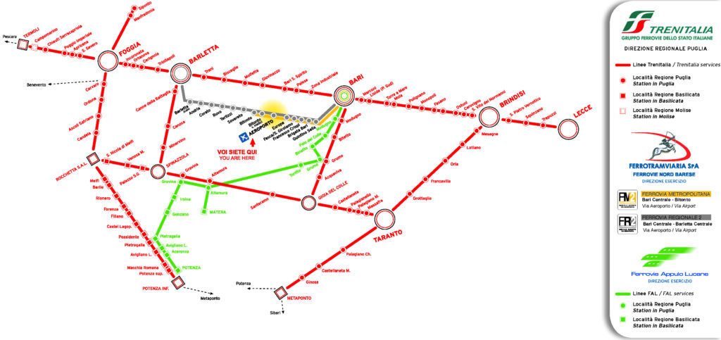 Public Transport in Puglia. Map showing Trenitalia, FSE, FNB Airport and FAL train services
